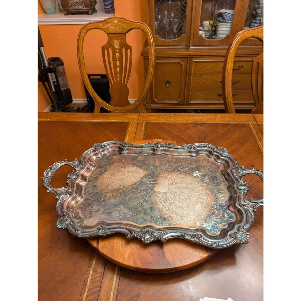 Vintage Birmingham Silver Co. Elaborate 20” Silverplate Footed Butler’s Tray